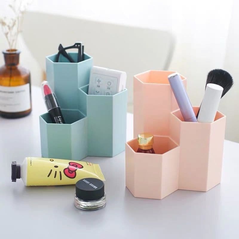 Three-compartment angled hexagonal pen holder, multifunctional desk and makeup brush organiser