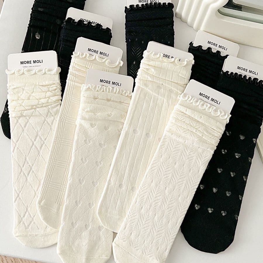 White Ruffle Stacked Socks for Women, Mid-Calf, Summer Thin, Plain, Sheer Mesh Knee-High