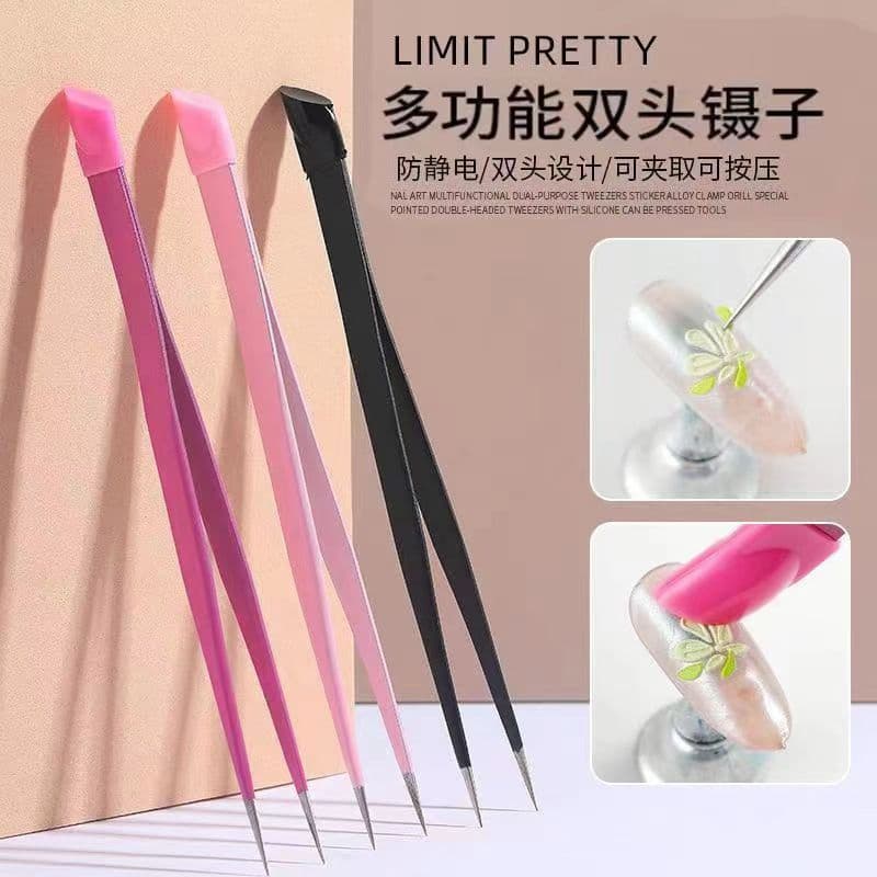 Multifunction Dual-Head Precision Tweezers with Silicone Tip for Rhinestone Picking, Embossing, Stainless Steel, Nail Art Tool