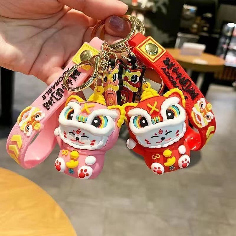 Chinese trendy lion cat keyring, cartoon creative couple style, Chinese-style festival gift