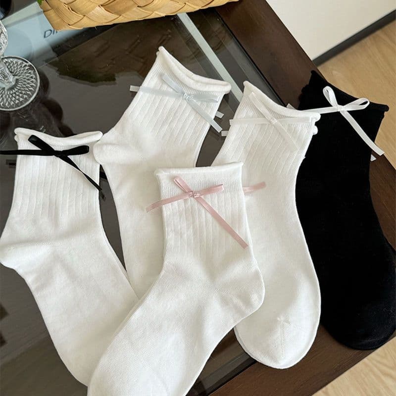 Ribbon Bow Crinkle Socks for Women, Summer Thin, JK Style, Cute Japanese, White, Long, Cutout, Cotton Mid-Calf Socks