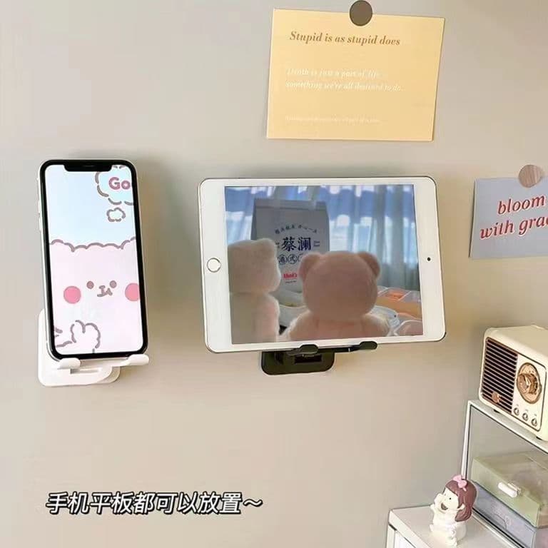 Wall-mounted phone and tablet holder bracket for kitchen, bathroom, and wall surfaces