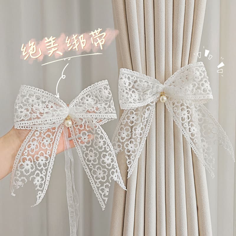 Curtain Tie Backs Pair Set Lace Bow Tie Luxury French Handcrafted Sheer Curtain Tie Rope Curtain Clips