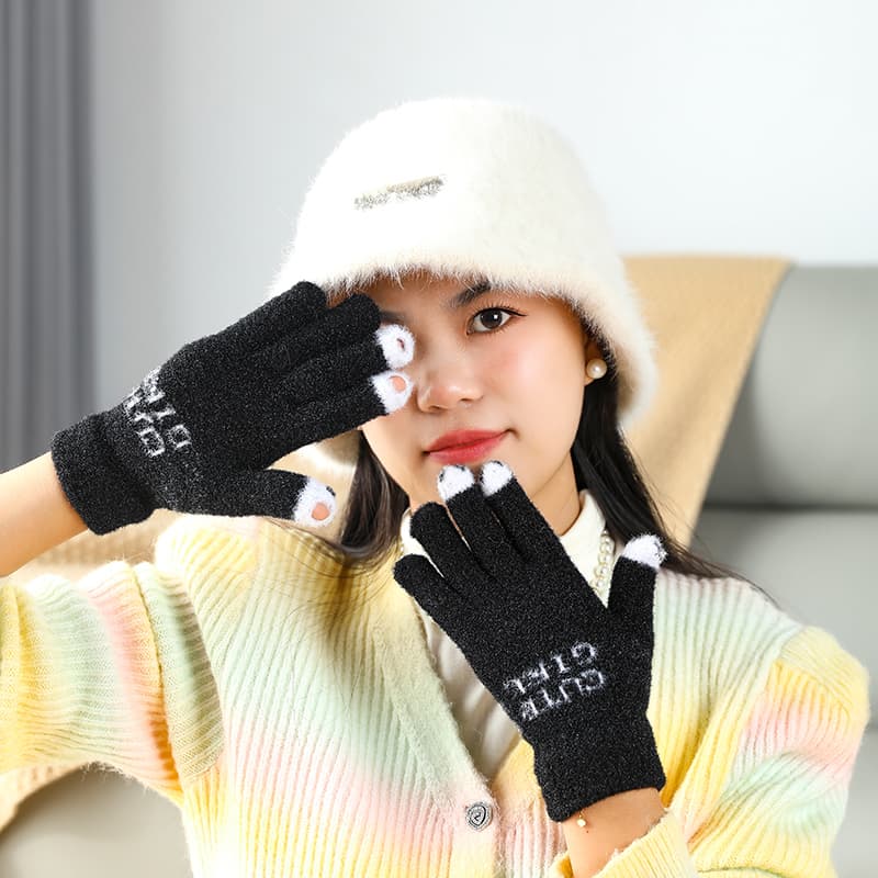 Winter New Five-Finger Touchscreen Gloves for Women Students, Cute, Thickened, Warm, Knitted for Cycling