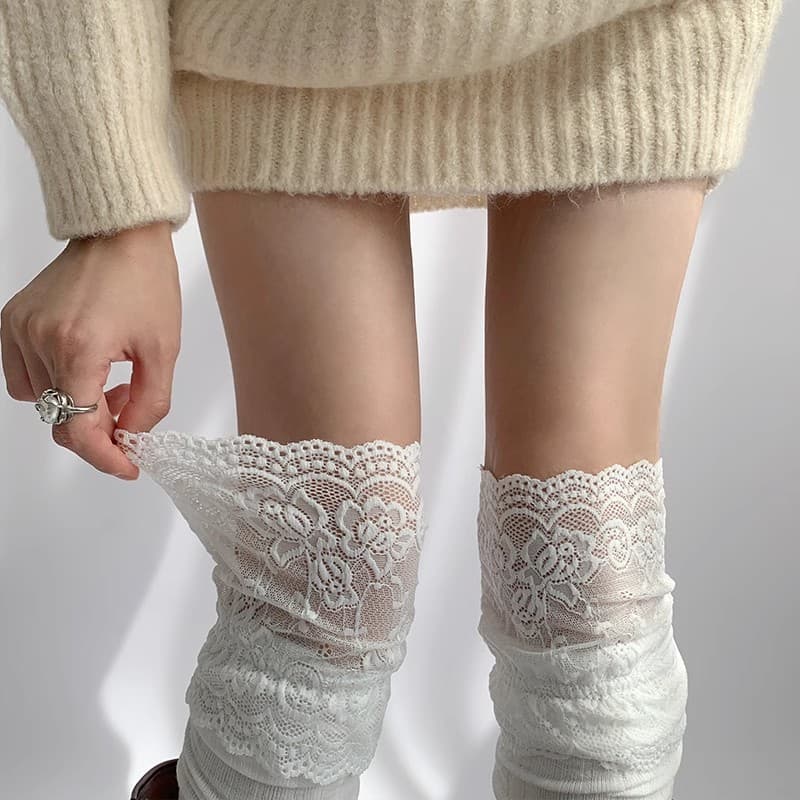 Lace over-knee socks with boots, women's white spring/autumn stretch leg warmer, knight boot socks, over-boot socks