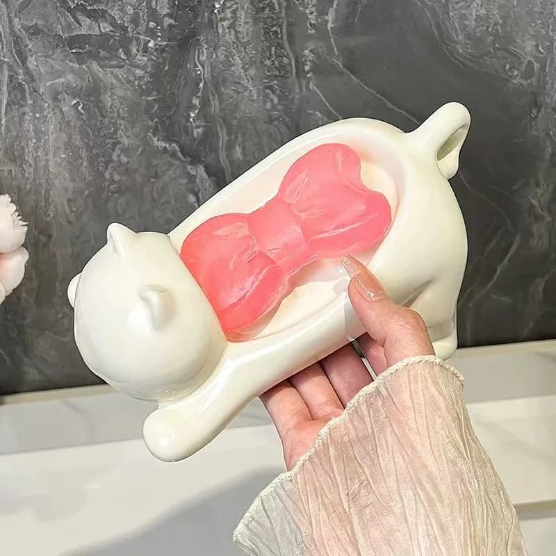 Cat-shaped soap dish with drainage, no drilling, cute stand