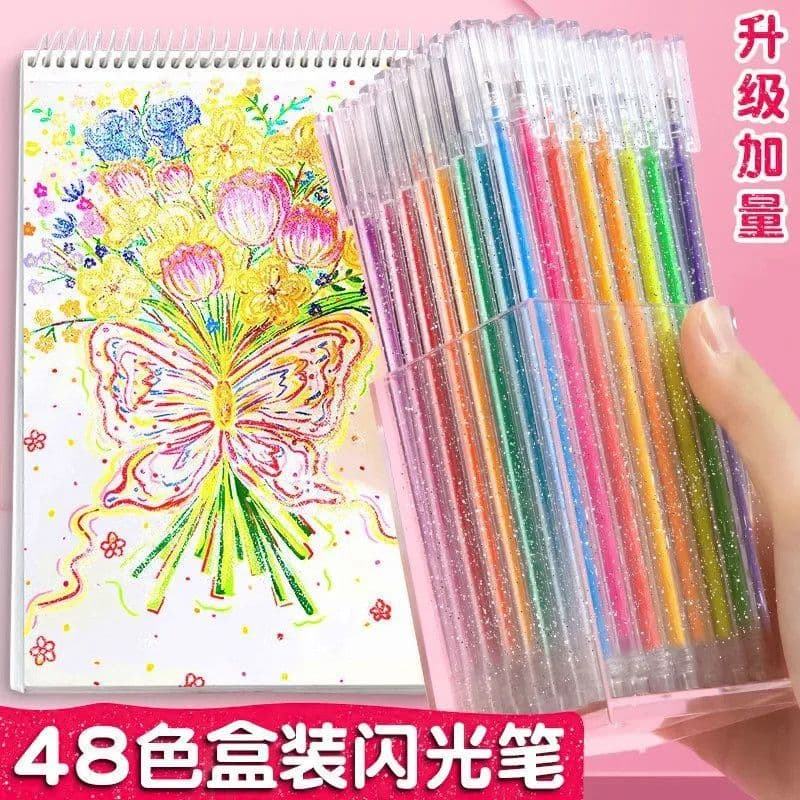 Colourful Glitter Gel Pen Set for Children's Scrapbooking and Note-Taking, with Fine-Line and Highlighter Options, Includes Glitter and Pearl Effect