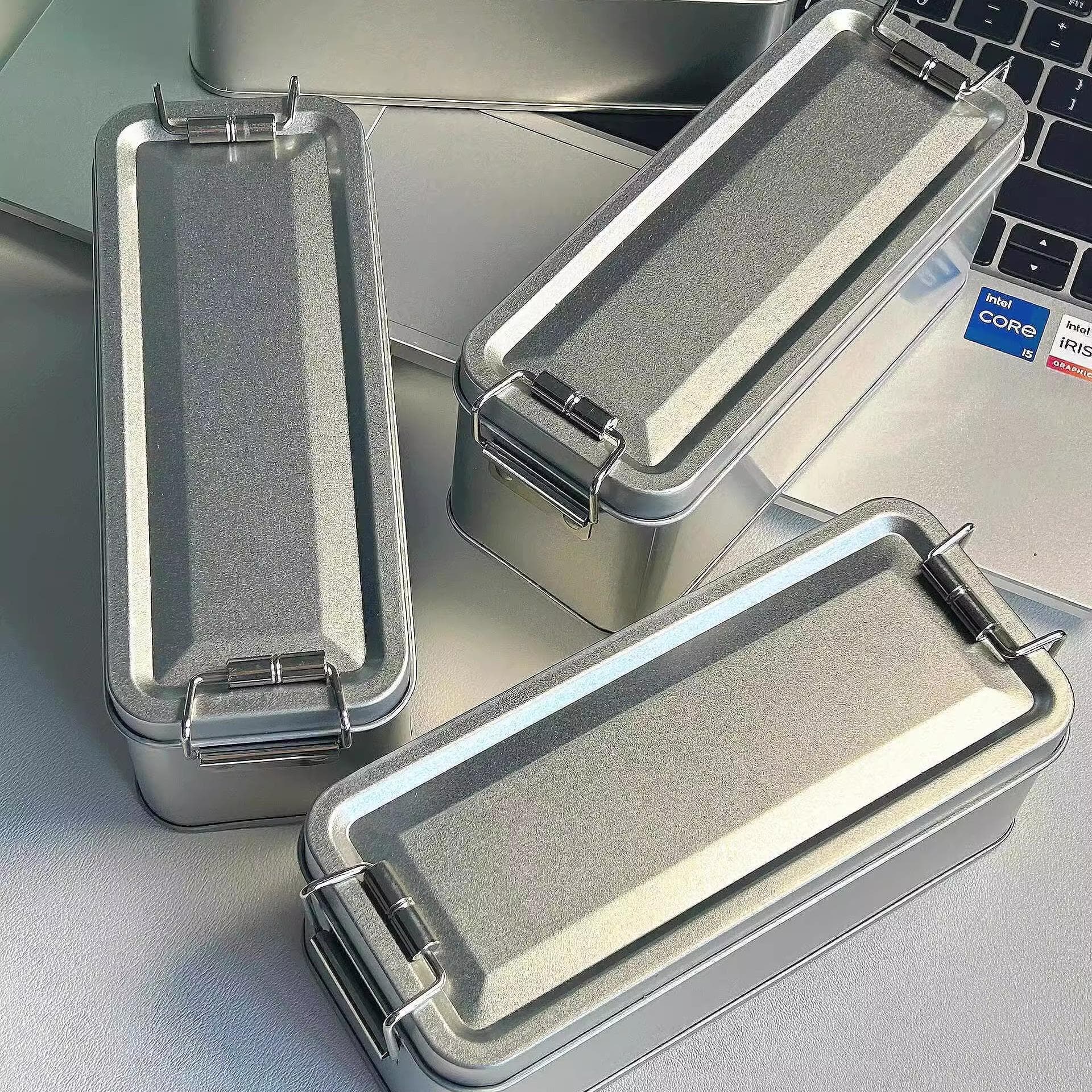 Vintage tin storage box with clasp, retro metal box for storage