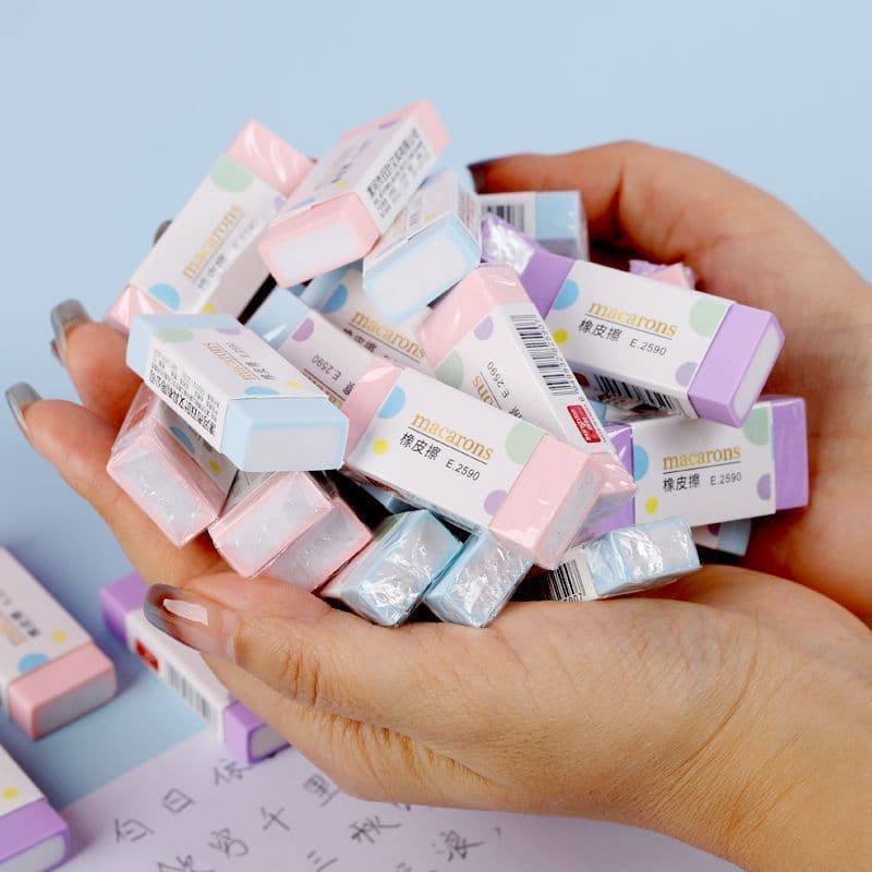 Macaron eraser for school, minimal crumbs, clean, safe, no odour