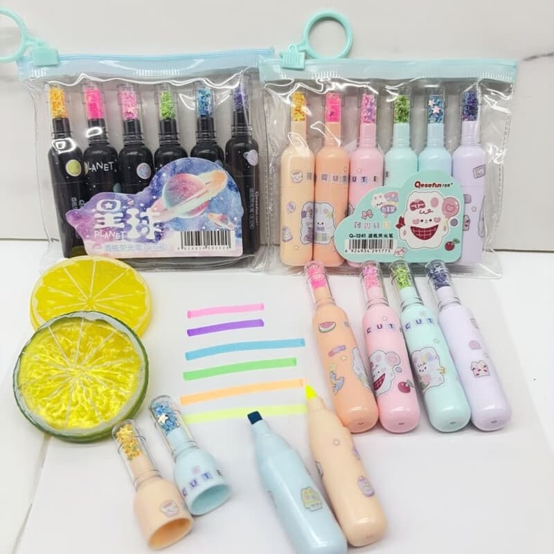 Glow-in-the-Dark Highlighter Pens – Cute Drift Bottle Design, Colourful Marker Pens