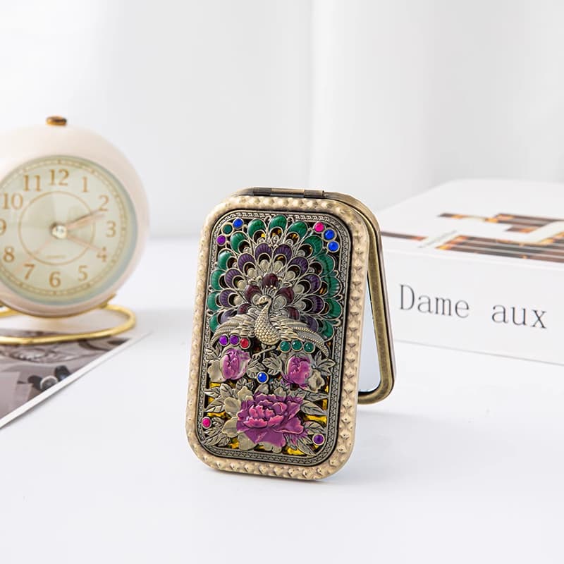 Crystal-embellished Chinese-style portable makeup mirror with foldable stand, handheld double-sided flip mirror
