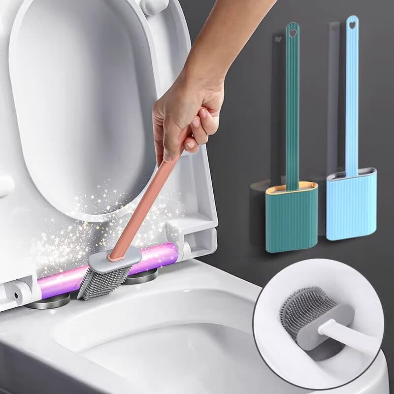 Toilet Brush Set, No-Drill Wall-Mounted, Long Handle Silicone, No Dead Corners