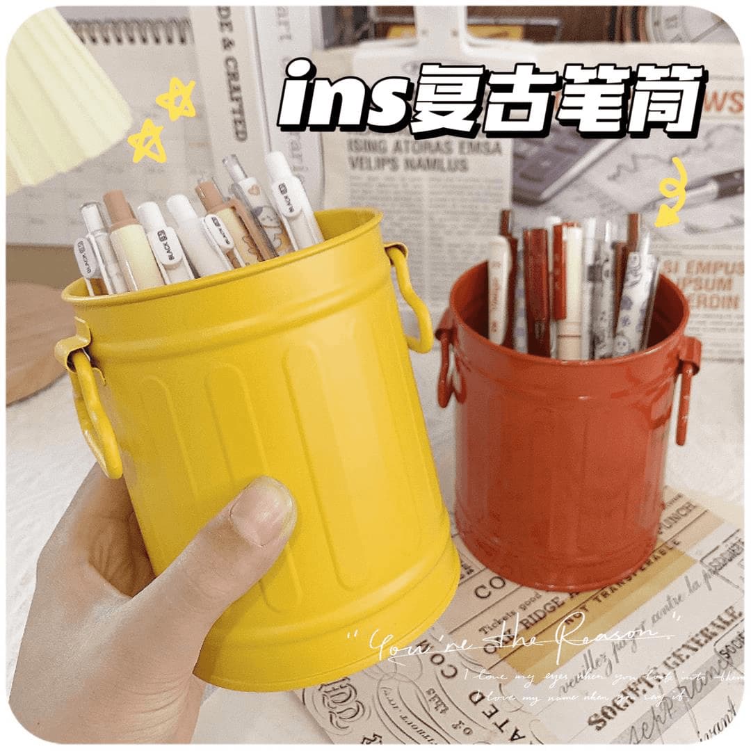 Vintage-style plastic desk pen holder, decorative, for girls and office use, stylish storage organiser