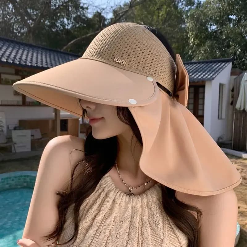 Shawl-style sun hat for women, summer outdoor hollow-top hat with wide brim, cycling face-covering sun hat