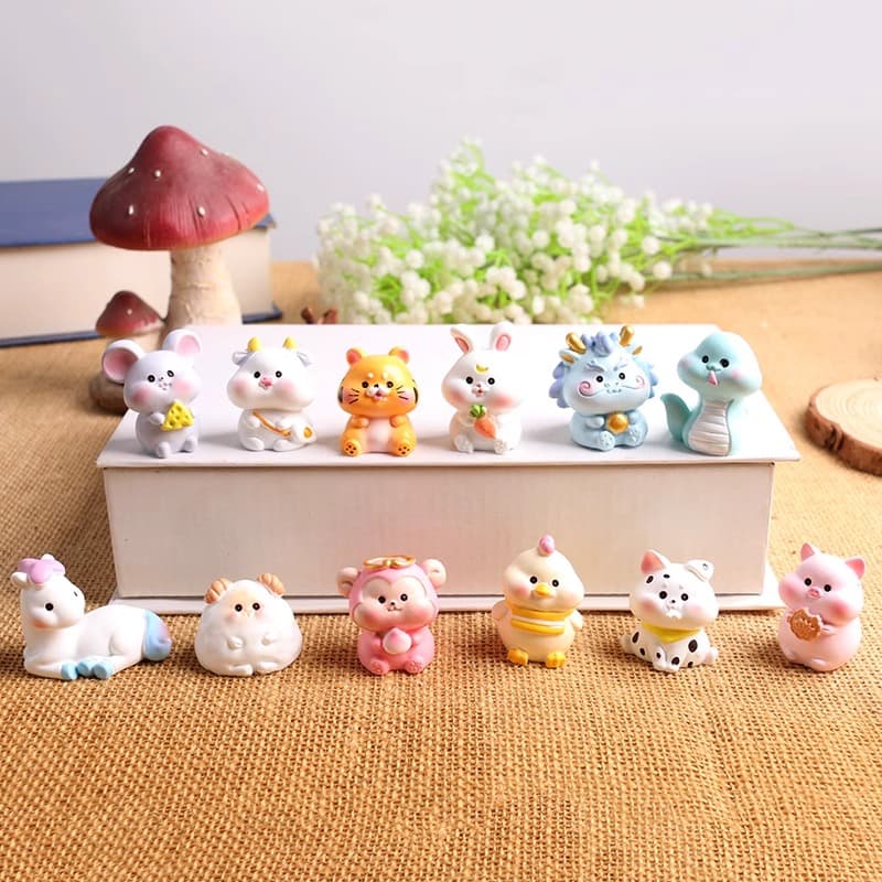 Mini Full Set of 12 Zodiac Animal Car Ornaments Birthday Cake Decorations Gift Resin Craft Figures Rat Ox