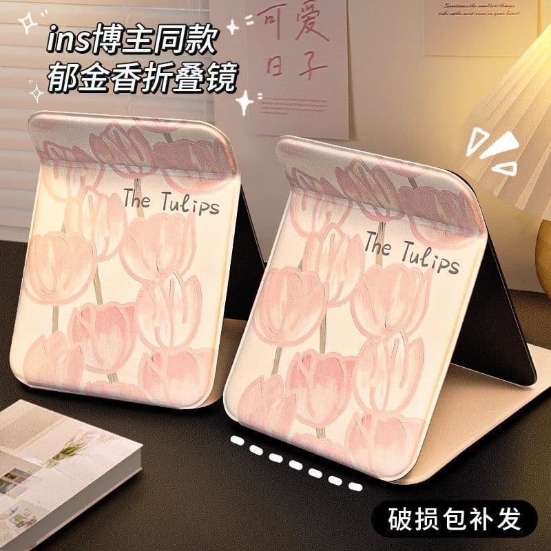 Tulip folding makeup mirror, portable handheld mirror, simple dormitory desk mirror for students