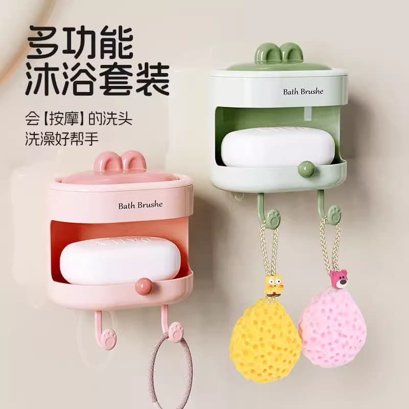 Multifunctional Bathroom Set: Shampoo Brush, Scrubbing Brush, Soap Dish with Hook, Wall-Mounted for Home