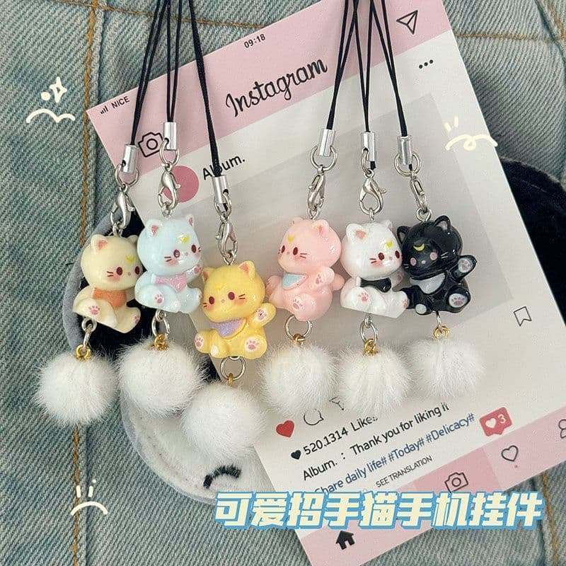 Cute 3D waving cat phone charm, student backpack keyring, couple/gift accessory