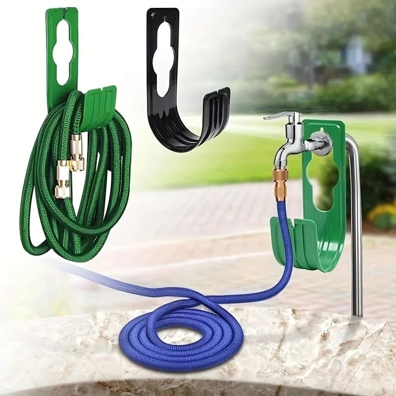 Wall-mounted retractable garden hose reel with hooks, tap connector, garden organiser