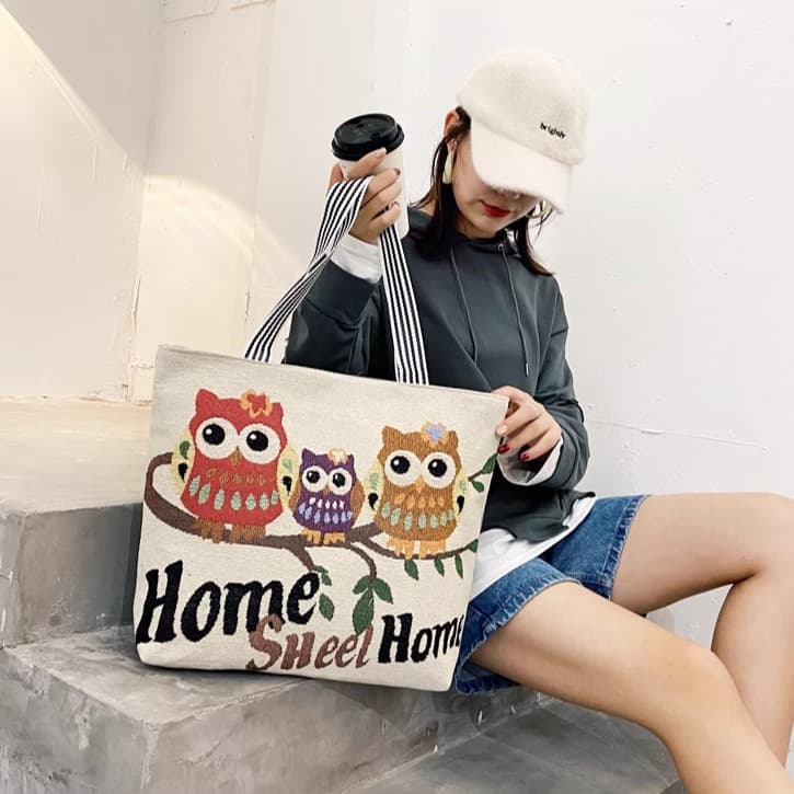 Women's Cartoon Embroidered Canvas Shoulder Bag, Korean Style Casual Large Tote Shopping Bag