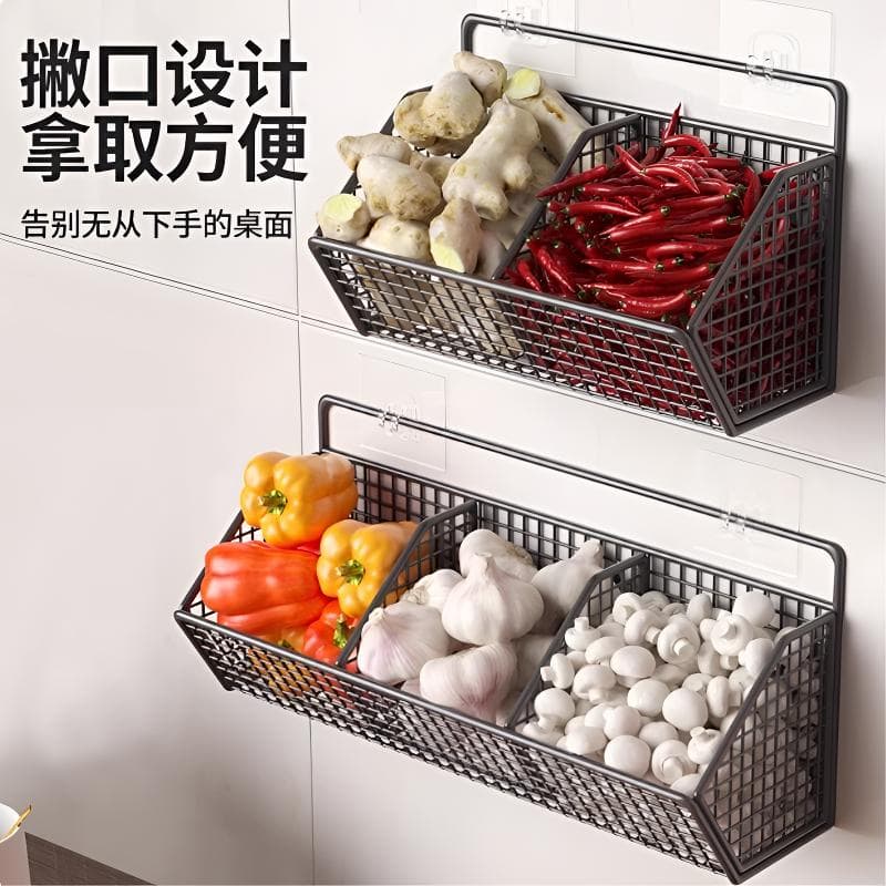 Kitchen Onion, Ginger, and Garlic Storage Rack, Wall-Mounted, No Drilling, Multifunctional Spice Rack with Wall Hanging Basket, Double-Layer Storage Basket