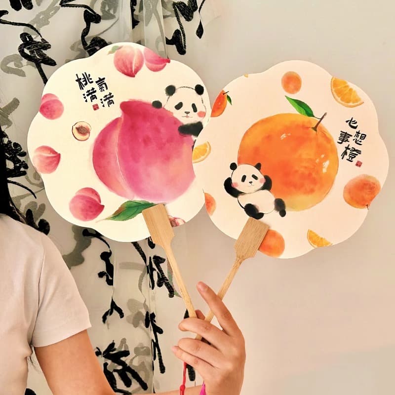 Cute Fruit Panda Round Fan - New Chinese Style Paper Fan for Women, Dancing, Portable, Photo Prop