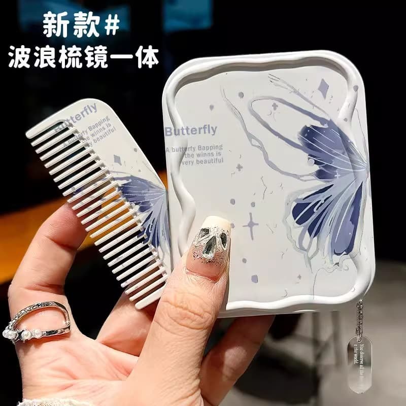Foldable portable makeup mirror with comb, two-in-one, for women and students