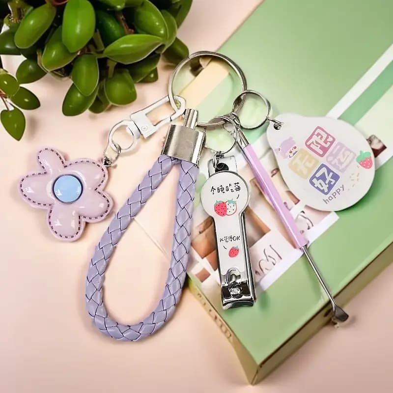 Cartoon Flower Keyring with Nail Clippers and Ear Pick, Couples Keychain, Girls' Accessory
