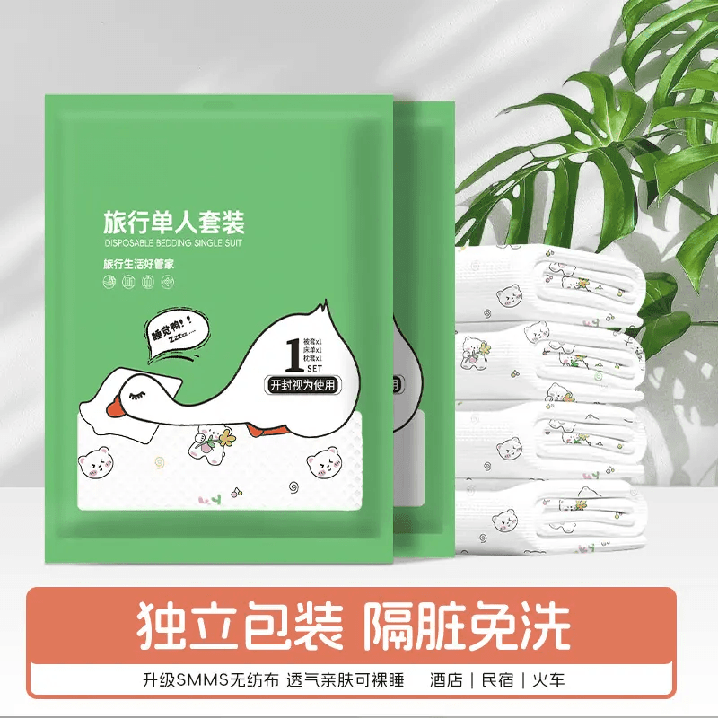 Disposable bed sheet, quilt cover and pillowcase set for travel, hotels, hostels, outdoor and train use – hygienic bedding