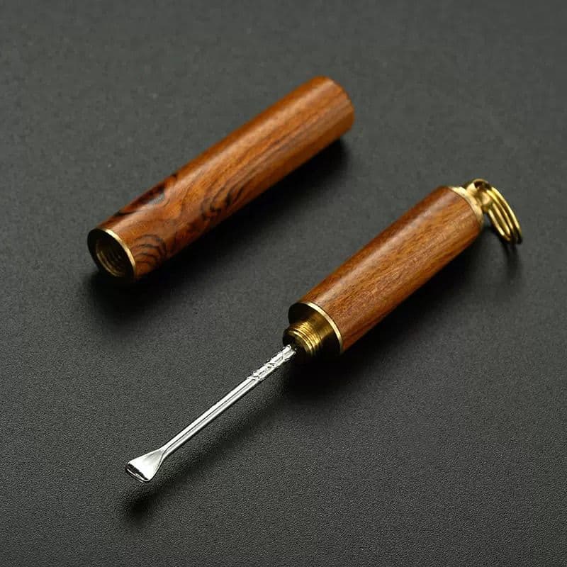 Ear cleaning kit with wooden storage tube and keyring hook