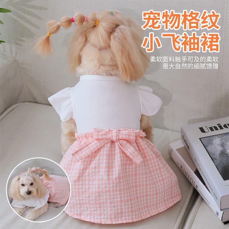 Pet Clothing Cat Dog All-Season Flounced Skirt with Butterfly Bow, Plaid, Pink