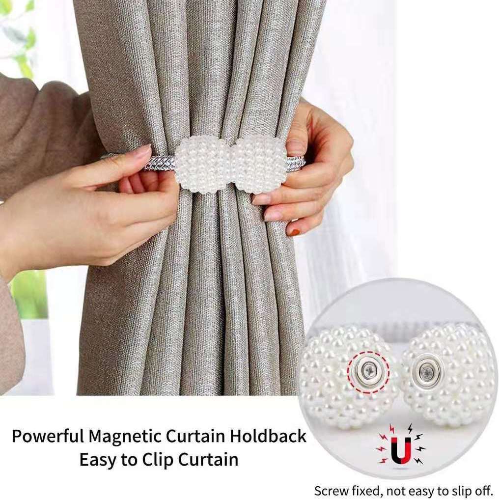 Curtain Tiebacks Creative Strong Magnetic Pearl Curtain Holdbacks No-Drill Tie Rope Bow Magnetic Buckle