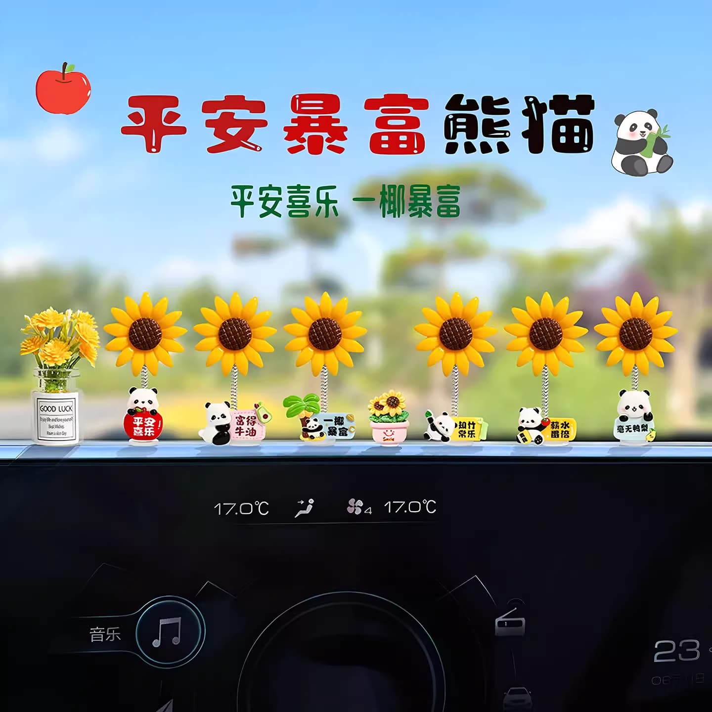 Cute Panda Sunflower Car Ornament – Dashboard Decoration for Car, Office Desk
