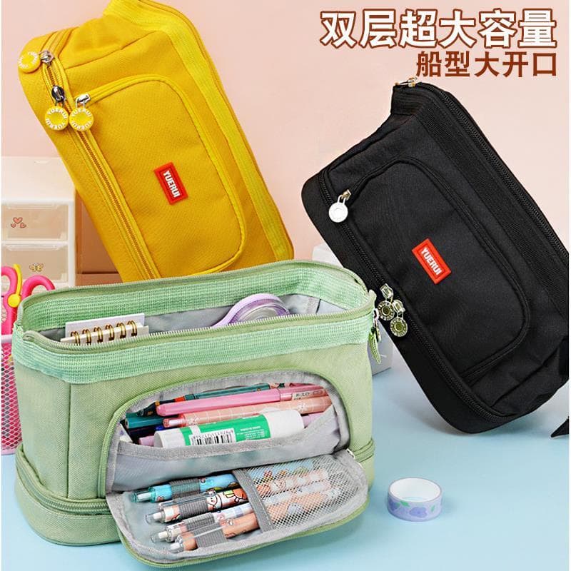 Korean-style large-capacity multi-layer canvas pencil case with handle, simple student storage pencil box