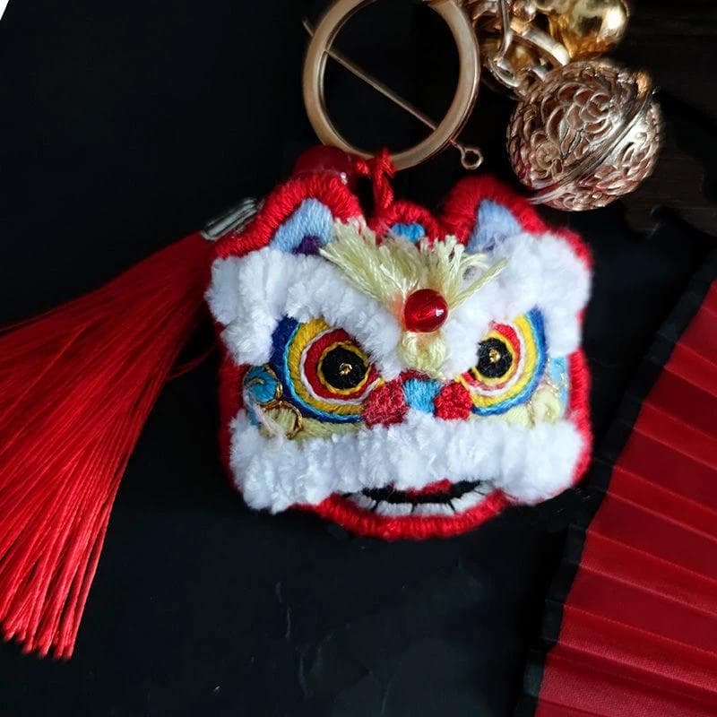 Handmade Lion Dance Peace Charm Car Hanging Embroidery Backpack Keychain Gift for Boyfriend or Girlfriend Birthday Blessing Safety