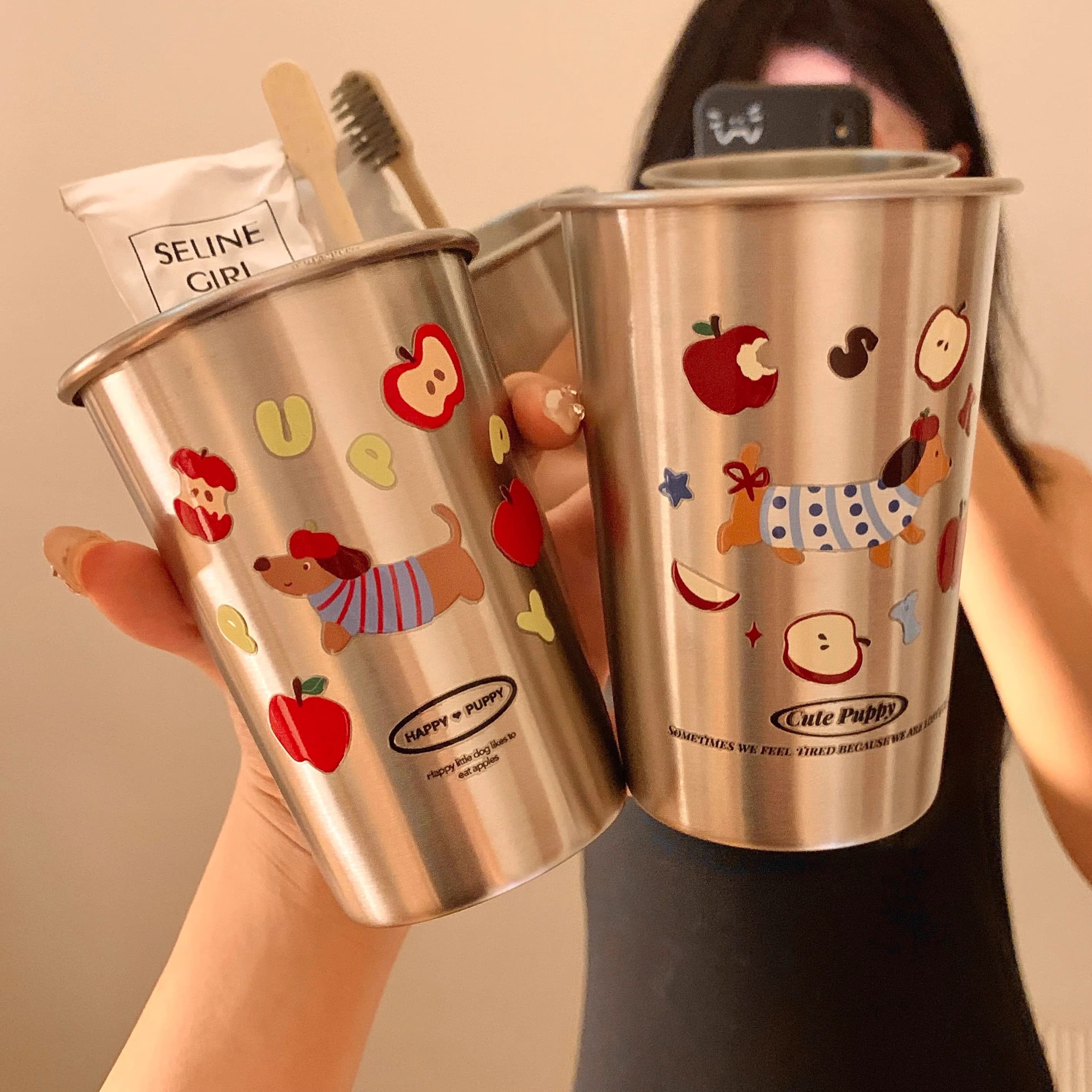 Creative cute dachshund rinse cup, stainless steel toothbrush cup for home, dormitory, couples, female and male students