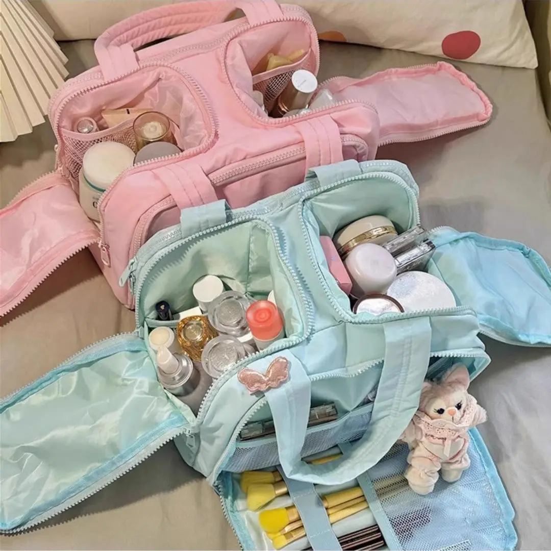 Minimalist makeup bag, portable, lightweight, large capacity, partitioned, double opening, travel toiletry bag