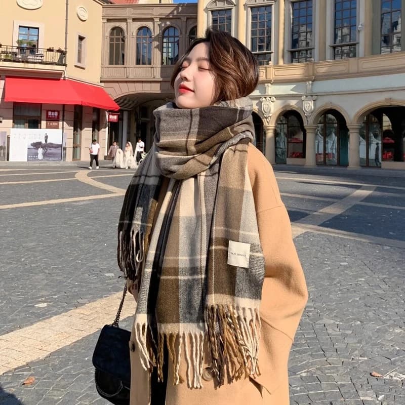 Thick Checkered Neck Warmer Scarf for Women, Winter Students' Style
