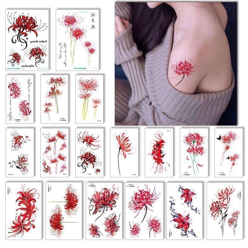 Waterproof Tattoo of Red Spider Lily, Sakura, and Realistic Flowers – Sexy, Fresh, for Collarbone and Ankle