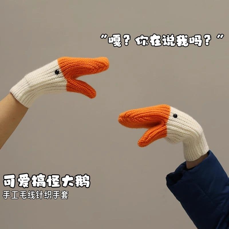 Goose wool knitted mittens for women, autumn/winter warm fleece-lined thick cold-proof couple student creative funny