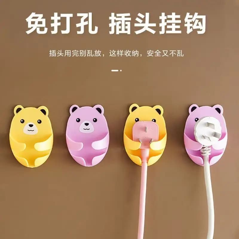 Cute cartoon bear plug holder, no-drill adhesive hook, wall-mounted cable tidy bear strong hook