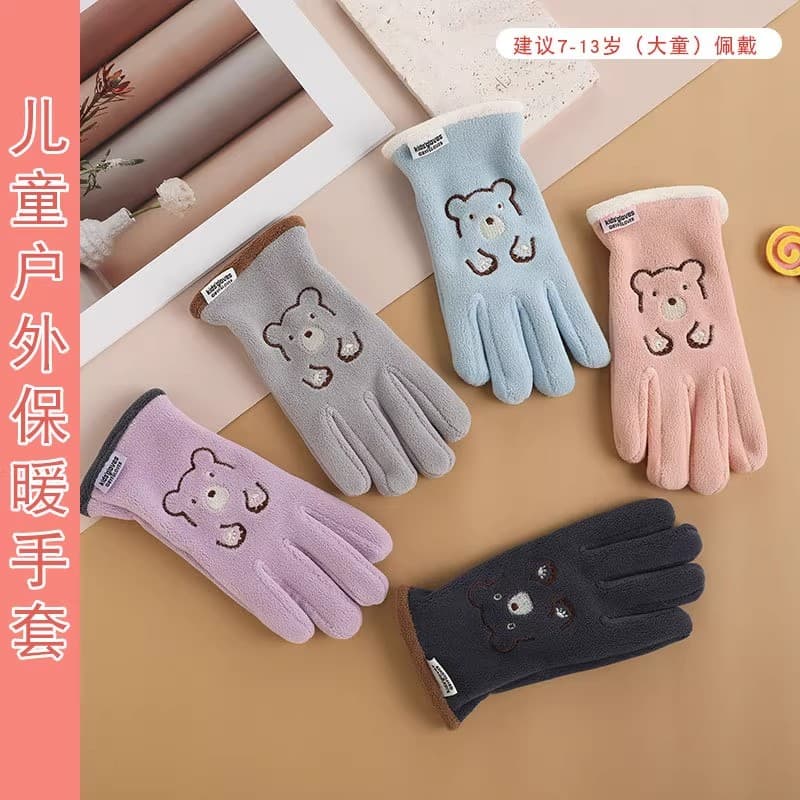 Fleece-lined thermal five-finger gloves for outdoor cycling and windproof cold weather, cute unisex kids style