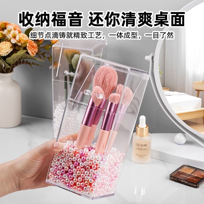 Desktop makeup brush storage box, high transparency acrylic cosmetic tool holder with dustproof lid