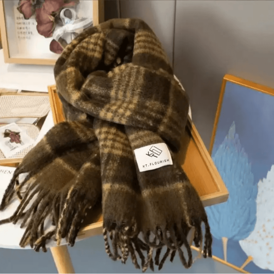 Checked Winter Scarf for Women – Korean Style with Fringe, Thick and Warm, Unisex