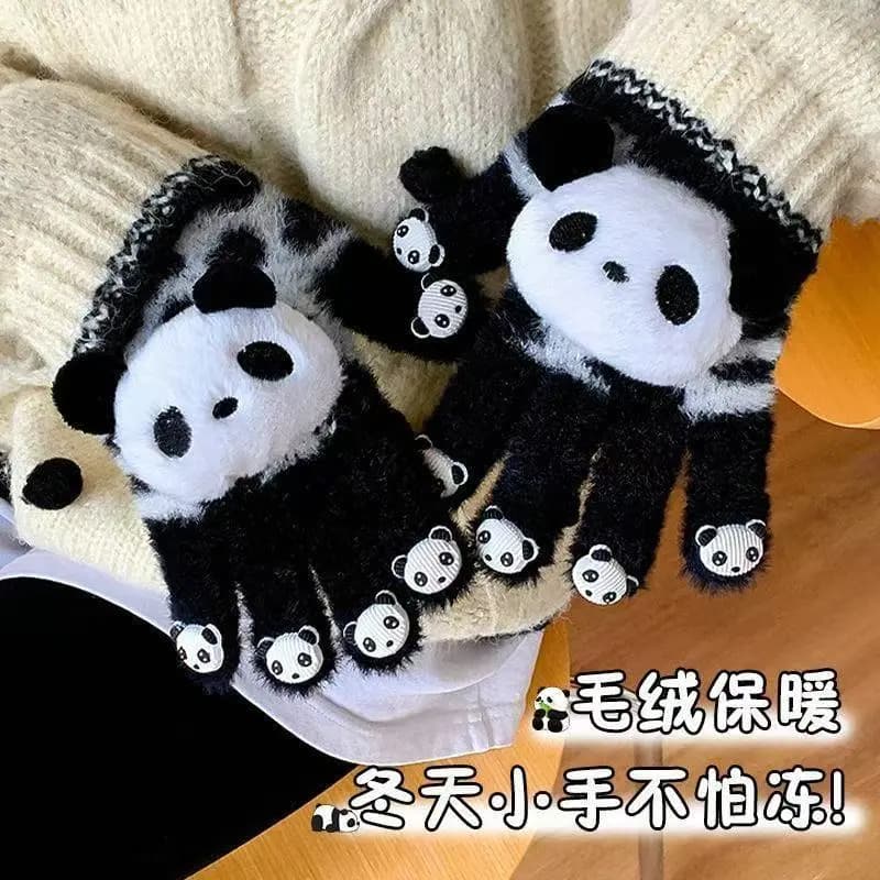 Women's winter gloves, cute cartoon panda five-finger gloves for students, warm and windproof