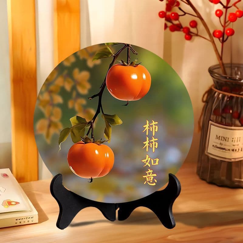 Persimmon Auspicious Decorative Ornament - Modern Framed Art for Restaurant, Office Desk, Housewarming Gift