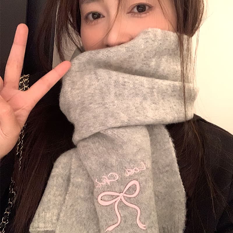 Grey Bow Knitted Scarf for Neck Protection, 2025 New Style, Warm Winter Scarf