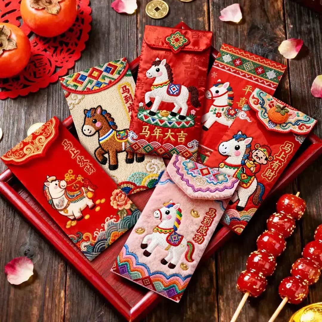2026 Bestseller Year of the Horse 5D Stereoscopic Printed Pony Embroidered Chinese New Year Red Envelope, Attractive Design