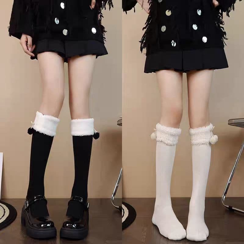 Cute Pom-Pom Over-Knee Socks - Winter Thick Warm Japanese Long Lolita Socks with Fleece Lining