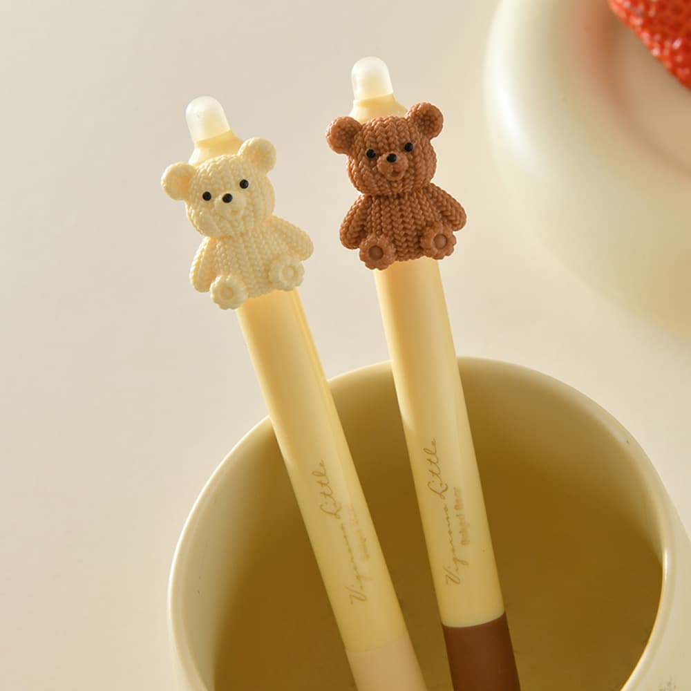 Cheese Bear Retractable Erasable Gel Pen, Soft Grip, Black and Blue, High-Appeal Study Pen